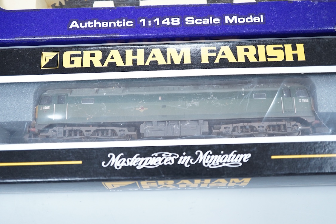 Three boxed Graham Farish and Dapol N gauge railway diesel locomotives; a Mainline class 73, 73133 (ND-021b), a BR class 55, The Fife and Forfar Yeomanry 55006 (371276), and a BR class 47, D1505, (371-231)